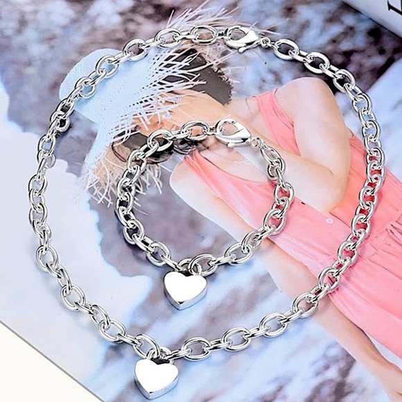 Sterling Silver Heart Lock Pendant Necklace Bracelet Set - Picture 5 of 6